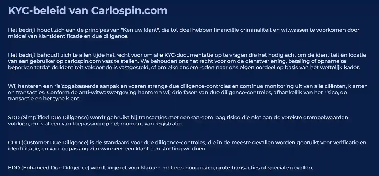 Echte Carlospin KYC-policy met documentcategorieen en reviewproces