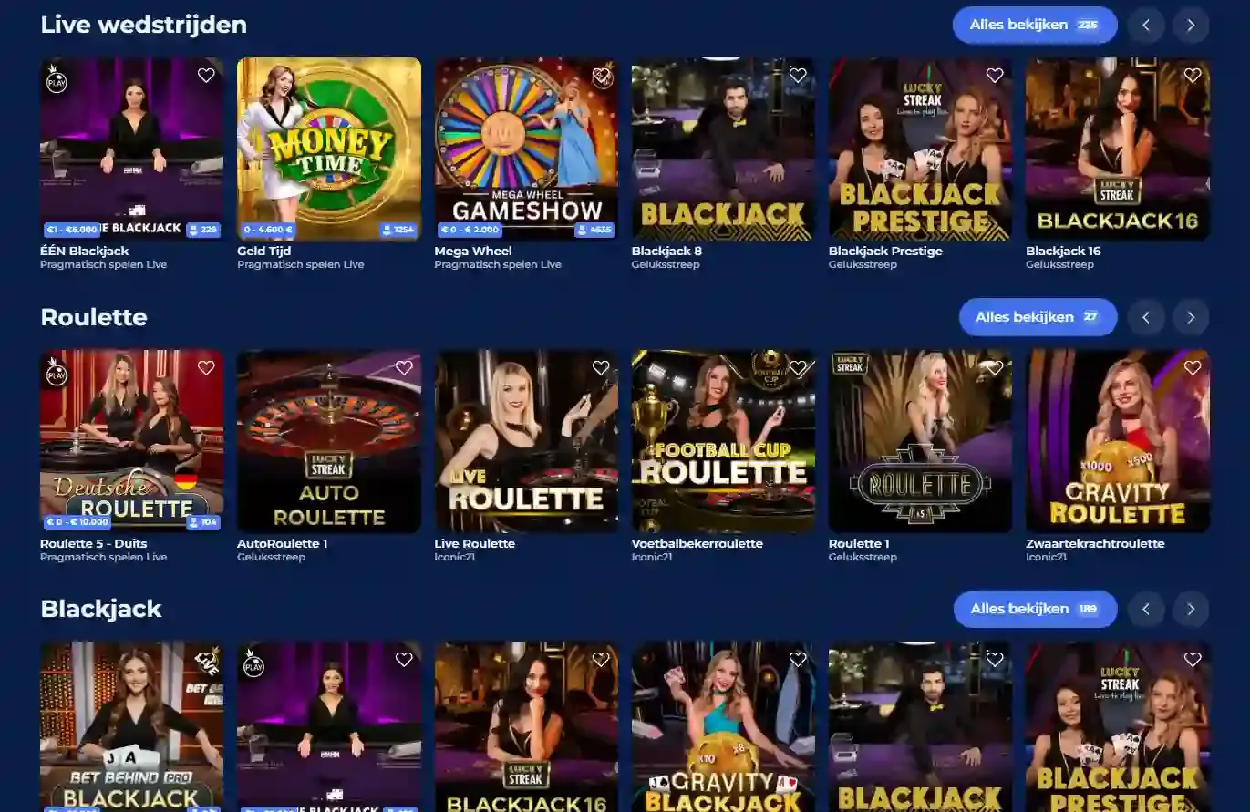 Echte Carlospin live-casinolobby met live tafels en Evolution-spellen