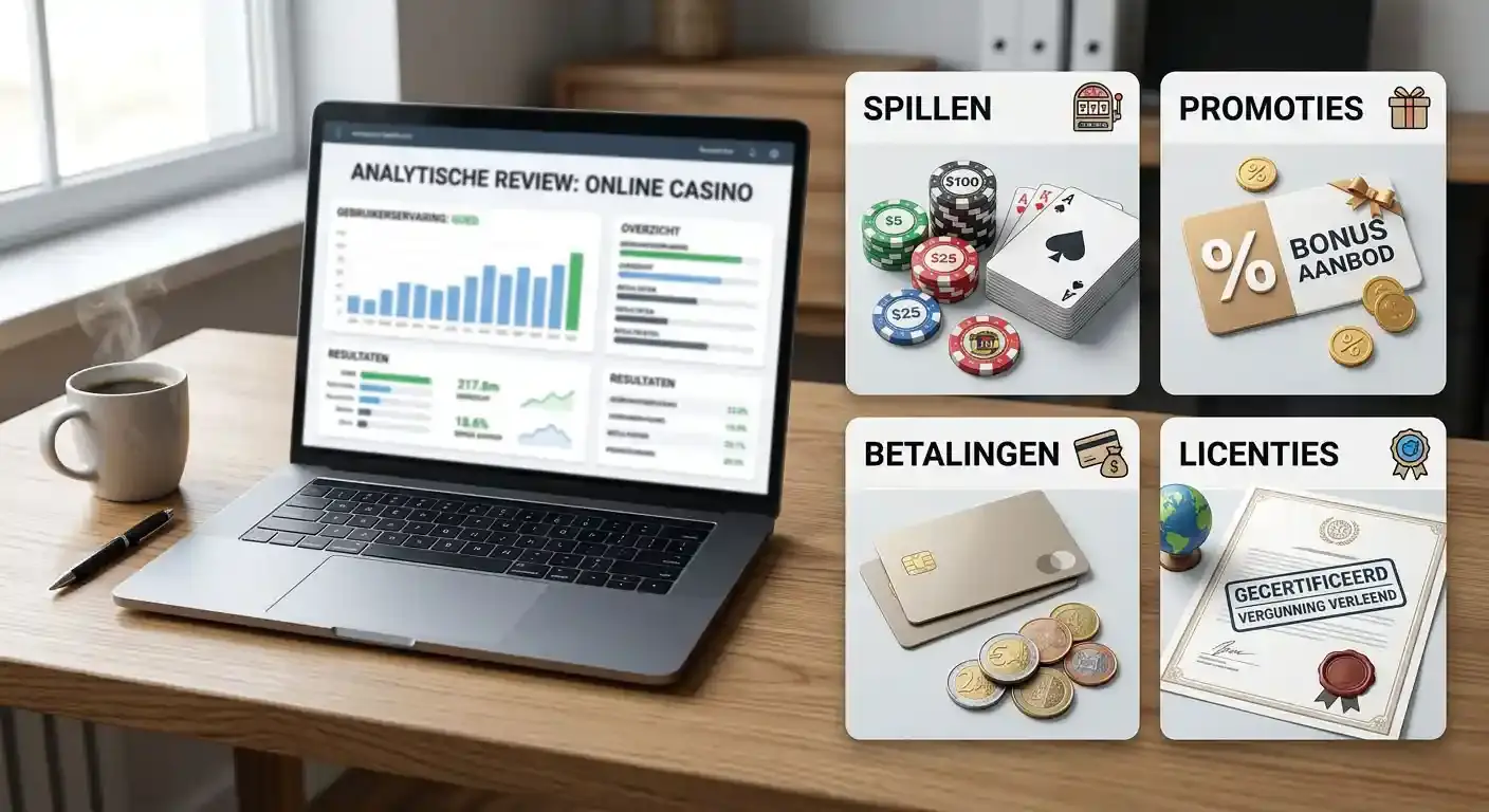Illustratie van een analytische Carlospin review met onderdelen voor spellen, bonus, betalingen en licentie