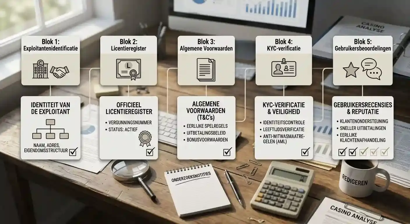 Illustratie van een controlelijst met operator, licentie, voorwaarden, KYC en gebruikersreviews als afzonderlijke bewijsblokken