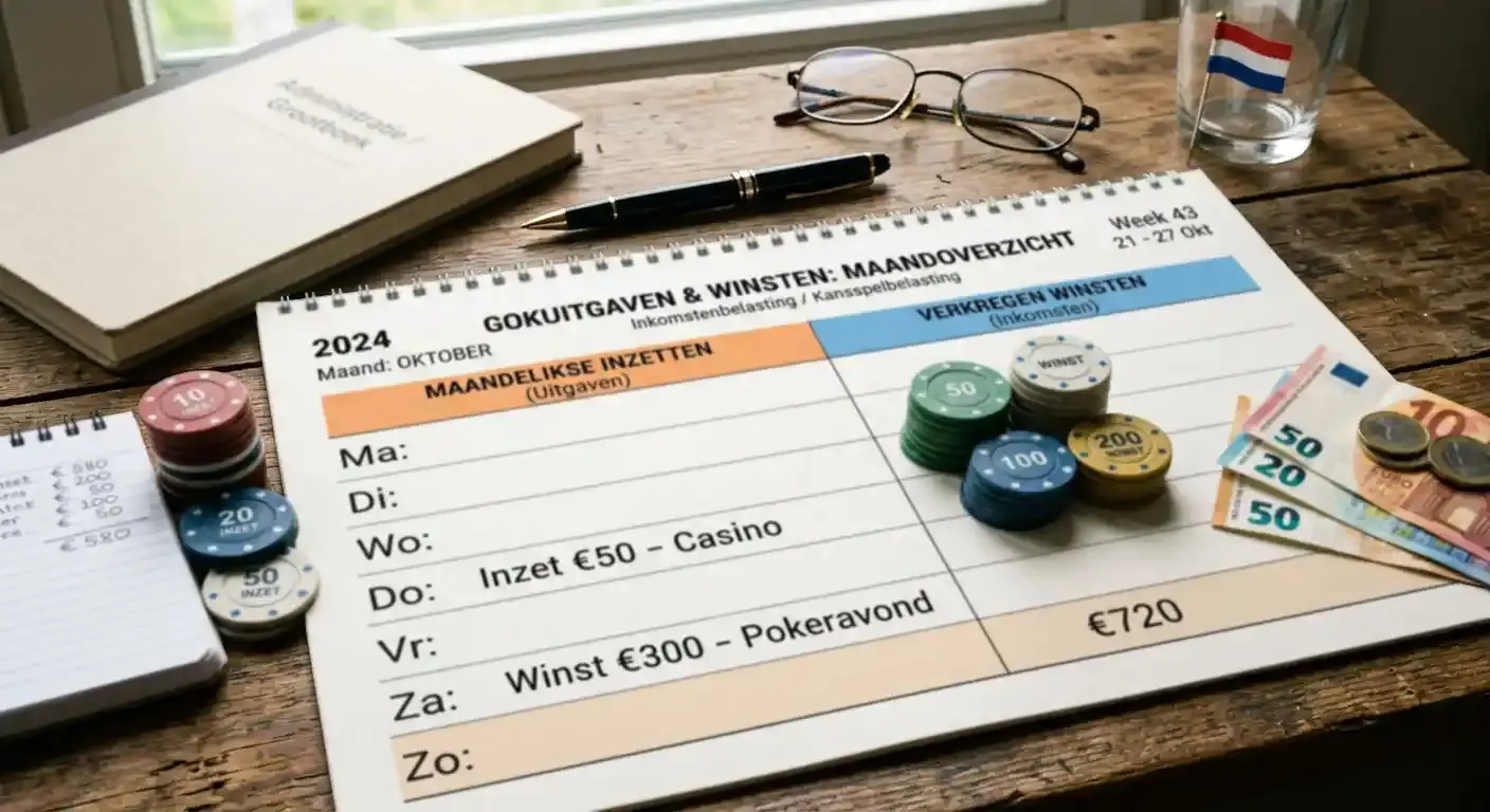 Illustratie van een Nederlandse kalendermaand waarin gewonnen bedragen en inzetten worden vergeleken voor kansspelbelasting