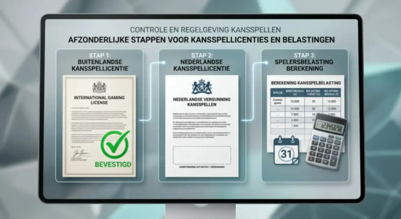 Infographic over de Tobique Gaming Commission, het ontbreken van een geverifieerde Nederlandse Koa-vergunning en een aparte belastingcontrole